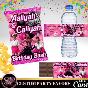 May include: Custom party favor set featuring a chip bag, water bottle label, and chocolate bar wrapper. Each item displays the text Aaliyah & Caliyah Birthday Bash, pink and black balloons, a disco ball, and images of two young girls.