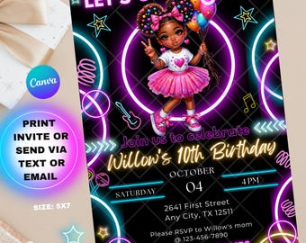 Könnte beinhalten: Eine digitale Geburtstagseinladungskarte mit Neon-Design, einem Cartoon-Charakter in einem rosa Tutu und Luftballons. Der Text enthält LET'S GLOW CRAZY, Join us to celebrate Willow's 10th Birthday, October 04, 4 PM und Veranstaltungsdetails.