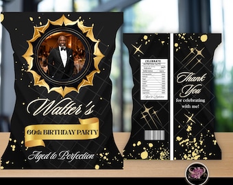 Modello per sacchetti di patatine di compleanno neri e oro / Bomboniera per feste di compleanno (Download digitale) Modificabile in Canva