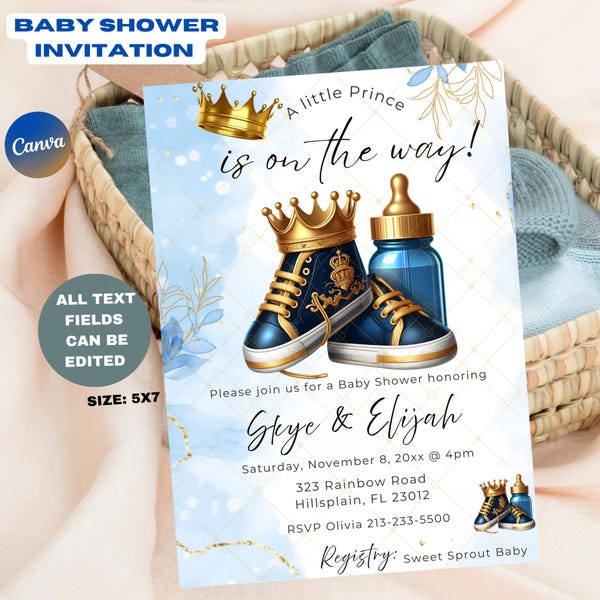 Invito per baby shower a tema principe: blu reale e oro, modello Canva modificabile (download digitale)