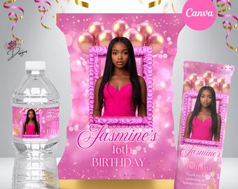 Könnte beinhalten: Eine durchsichtige Plastikwasserflasche, eine rechteckige Snacktüte und eine lange Riegelverpackung, alle in Pink mit goldenen Luftballons, Konfetti und dem Porträt einer Person in einem pinken Kleid, mit dem Text Jasmine's 16th BIRTHDAY.