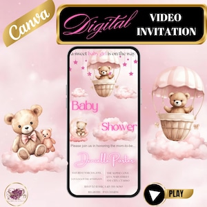 Animated Baby Shower Digital Video Invitation | Smartphone Invite | Pink Shower | It&#39;s A Girl Editable Canva Template  | Digital Download