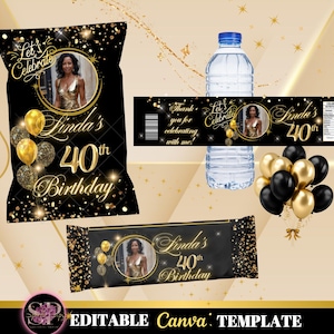 May include: Black and gold birthday party decorations, including a chip bag, water bottle label, and candy bar wrapper. The designs feature a photo of a woman, gold balloons, and the text "Linda's 40th Birthday."