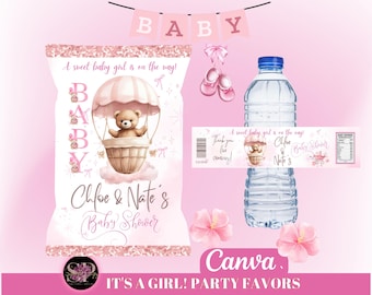 It's a Girl Chip Tasche & Wasserflasche Etikettenvorlage: Rosa Babyparty (Digitaler Download)
