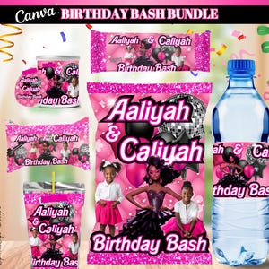 Pink Birthday Party Favor Templates: Chip Bag, Water Bottle (Canva Digital Download)