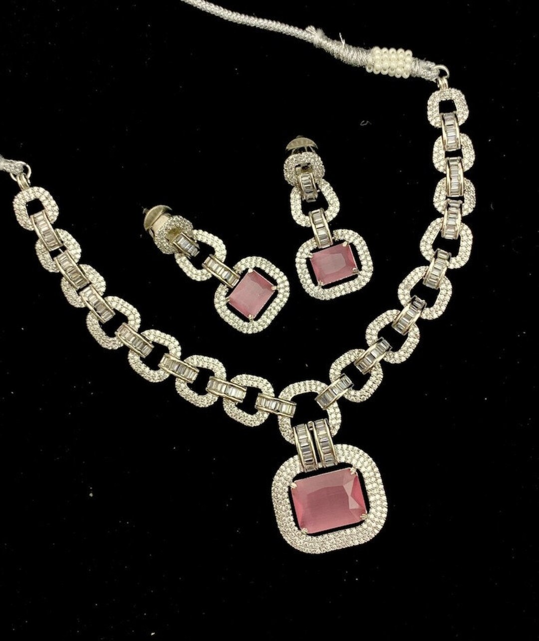 White Tone Emerald Green Faux Diamond Necklace Set Indian Etsy