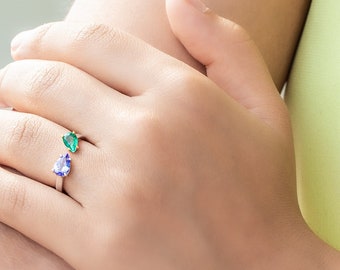 Gap Ring - 18k white gold - NATURAL Emerald and Tanzanite - Birthstone Ring - Gifts for mom - holiday gifts