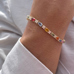 Natural Rainbow Sapphire and Diamond Bracelet, 14K Solid Gold Multi Sapphire, Gift for her, Natural Sapphire, Summer Jewelry, ombre bracelet