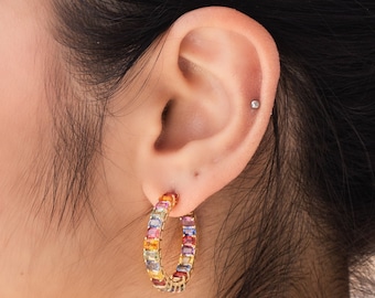 NATURAL Multi-Sapphire Hoop Earring in 18k Yellow Gold - Fine Jewelry - Waterproof - Rainbow Jewelry - Hoop Earrings - AAA Grade Sapphires
