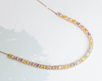 NATURAL Multi Sapphire and Diamond Necklace - 14K Gold - Pastel Rainbow - Fine Jewelry - Solid Gold Jewelry - Wedding Jewelry