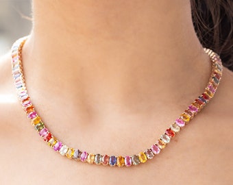 NATURAL Multi-Sapphire Necklace in 14K Yellow Gold - Rainbow - Fine Jewelry - Statement Piece - Bold and Bright - AAA Grade Sapphires