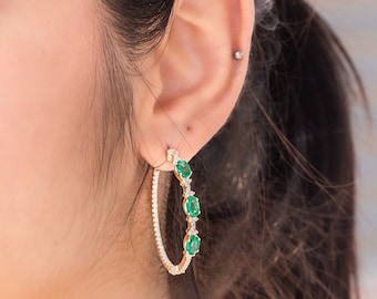 NATURAL - Non Treated Emerald and Sapphire Hoop Earrings with White Diamonds - 14K Gold - High End Jewelry - Hoops - Solid Gold