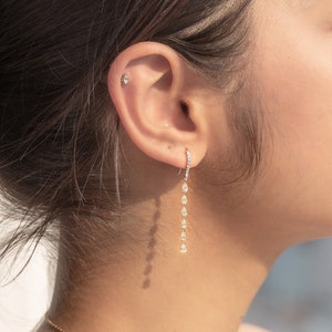 14K Gold Long Drilled Diamond Teardrop Earrings, Dainty Earring, Natural Diamonds, Fine Jewelry, Mother&#39;s Day Gift, Gift for her, Solid Gold
