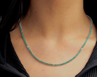 NATURAL Emerald and Diamond Tennis Necklace - 14K White Gold - Minimalistic - Everyday Jewelry - Waterproof - Sweatproof - Fine Jewelry