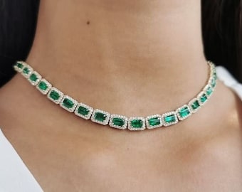 Fine Jewelry - 14k White Gold NATURAL Emerald and Diamond Necklace - Statement piece - emerald green necklace - gifts for them