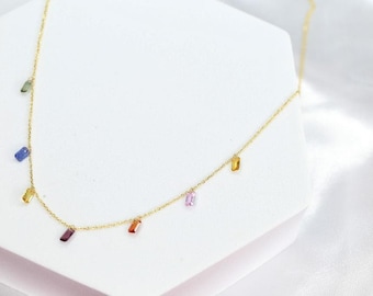 NATURAL Drilled Multi Colored Sapphires Necklace in 18K solid gold - Rainbow Necklace - Everyday Wear Jewelry - Waterproof - Fine Jewelry