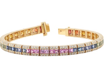 NATURAL Multi Sapphire and Diamond Bar Bracelet - 18k Solid Gold - Fine Jewelry - Natural Gemstones - Rainbow Jewelry