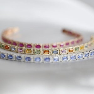 Natural Rainbow Sapphire and Diamond Bracelet | Handmade 14K Gold Multi-Sapphire Jewelry | Elegant Gift for Her
