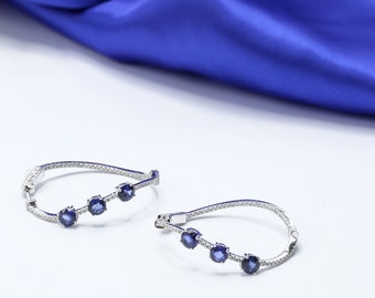 NATURAL Diamond and Blue Sapphire Abstract Hoop Earrings - Unique Design Jewelry - Hoops - Glam and Bling - Fine Jewelry