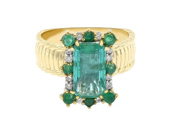 NATURAL Emerald and Diamond Ring in 14k Yellow Gold - Lunar Year Gifts - Victorian Theme - Boho Theme