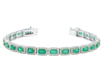 NATURAL Emerald and Diamond Bracelet - 14K Gold - Solid Gold - High End Jewelry - Fine Jewelry - Taurus Birthstone - Waterproof - Sweatproof