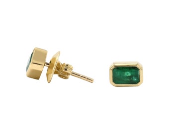 NATURAL Emerald Stud Earrings - 14k Yellow Gold - Dainty Fine Jewelry - Taurus Birthstone - Waterproof - Solid Gold