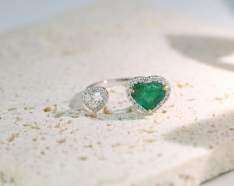 NATURAL Heart Emerald & Heart Diamond Gap Ring - 18K White Gold - Gap Ring - Solid Gold - Valentine Gift - Heart Ring - Fine Jewelry