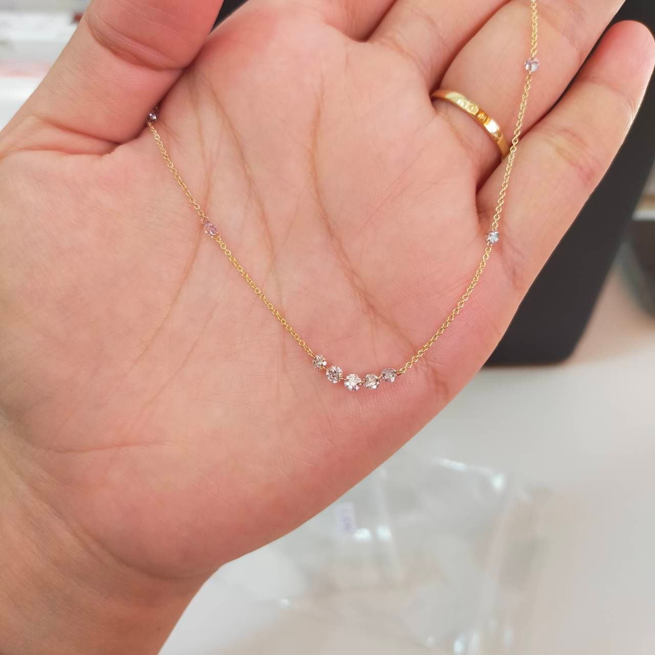 14K Tiny Diamond Necklace Thin Chain 14K Classy Women Etsy