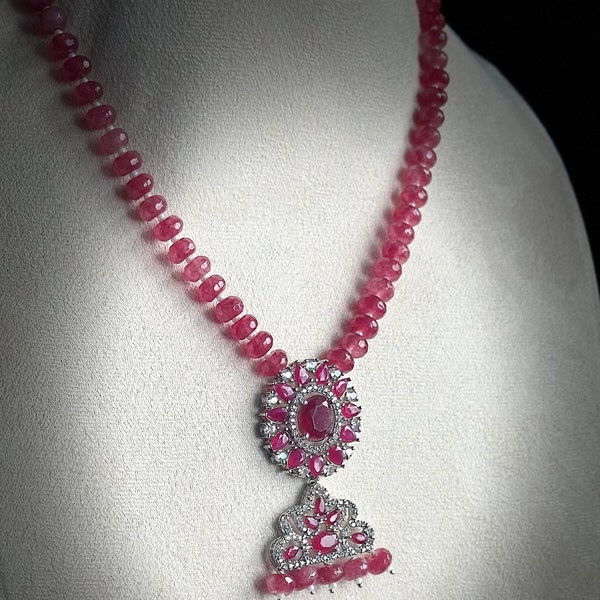 Ruby diamond necklace set. latest Polki inspired kundan jewellery. Cz diamonds indian set. Bollywood style ruby faceted beaded necklace set.