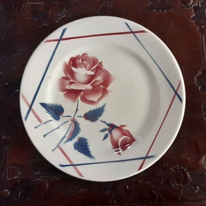 Beautiful plate decorated with blue and pink roses, Longchamp, France.