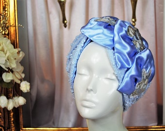 SUMMER FLOWER/ Blue Turban with floral bow