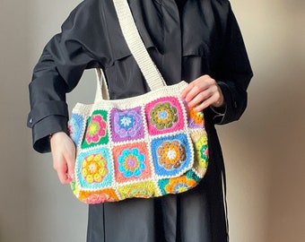 Crochet beige shoulder bag, African flower tote bag, boho bag for summer, retro homemade bag, Hippie colorful bag, Stylish tote bag, Ready