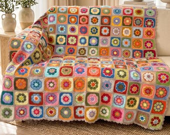 African Flower Crochet Blanket, Vintage Style Scallop Trim Throw