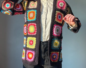 Crochet flower cardigan, Bogo cotton cardigan, Retro colorful cardigan, Floral granny square coat, Black afghan jacket, Hippie coat, Ready