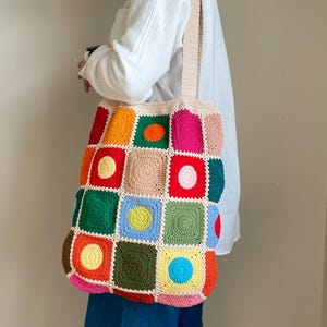 Crochet Granny Square Tote Bag: Colorful Retro Hippie Shoulder Bag