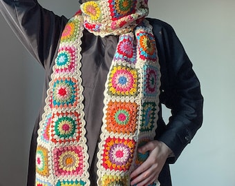 Crochet bohemian beige scarf, Floral granny square neck wrap, Scollop trim long scarf, Retro knit black shawl, Cotton chic muffler, Ready