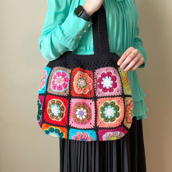 Crochet African flower black tote bag, Flower shoulder bag, Boho chic bag for birthday gift, Retro colorful tote, Hippie XL black hobo bag
