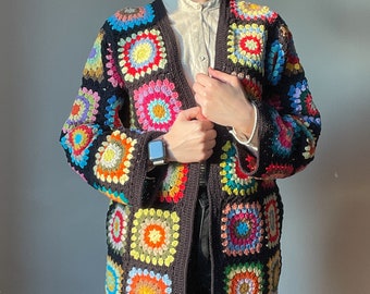 Crochet granny square cardigan, Colorful flowers boho cardigan, Retro cotton jacket, Floral granny square coat, Gift for birthday, Ready