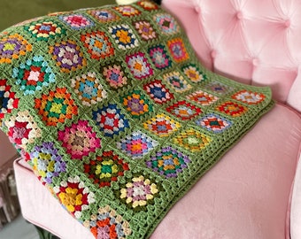 Crochet green based afghan, Granny square lap blanket, Decorative couch throw, Colorful cotton napping blanket, Retro homemade gift for Xmas