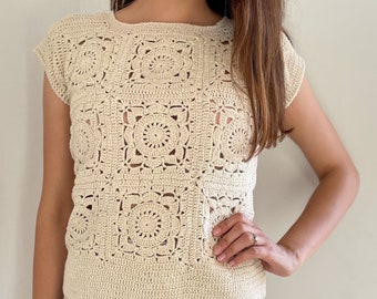 Crochet stone color sweater vest, Floral granny square sleeveless sweater, Boho sand color cotton top, Boho style cream sweater, S&M size