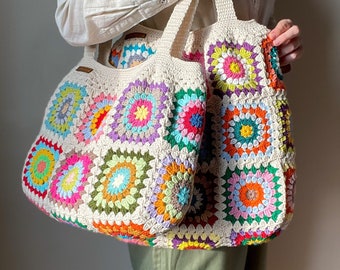 Crochet colorful tote bags for Christmas, Flower granny square shoulder bag, Homemade retro afghan bag, Cotton lined boho bag, Hippie bag