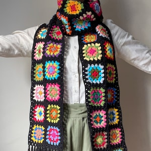 Crochet colorful granny square scarf for women, pick your color, handmade afghan style shawl, cotton long soft scarf, retro black muffler