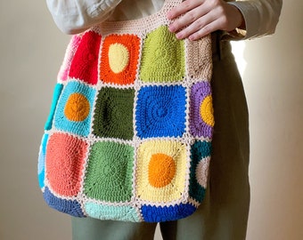 Crochet colorful polka dot XL tote bag, Hippie bag, Circle granny square shoulder bag, Cotton hobo bag, Gift for daughter and mom, Ready