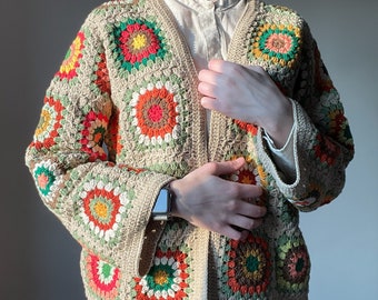 Granny square beige cardigan, Crochet afghan jacket, Floral granny square cardigan, Hippie chic coat, Retro sweater, Boho flower coat, Ready
