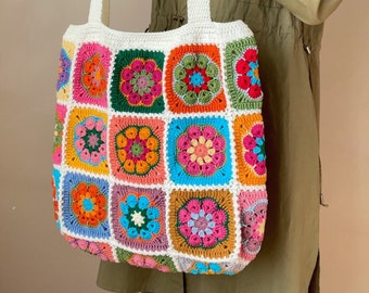 Crochet colorful African flowers tote bag, Off white hobo bag, Cotton lined boho bag, Afghan pattern bag, Valentine gift for her, Hippie bag