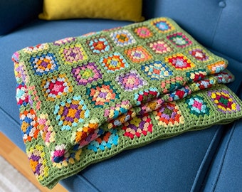 Crochet green large afghan, Roseanne's afghan, Granny square lap blanket, Decorative couch throw, Mother's Day gift, Retro handmade afghan