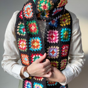 Crochet afghan style scarf, pick your color and size, cotton granny square long scarf, retro handmade gift for her, retro colorful scarf