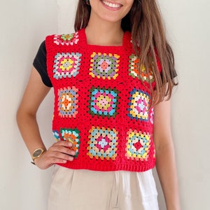 Suéter sin mangas de crochet, chaleco tipo jersey de abuela con cuadros, jersey corto de punto rojo, letra de mujer talla S/M, top estilo afgano, conjunto boho de algodón