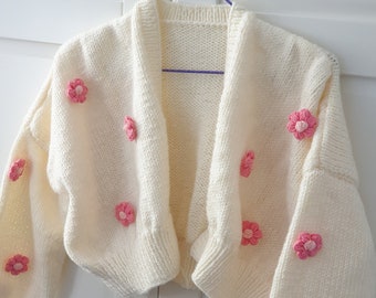 Knit Chunky Crop Cardigan: 3D Daisy Sweater, Oversized Fit