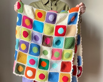 Crochet polka-dot colorful blanket, Hippie circle granny square afghan, Decorative couch throw, Bedspread for children, Vibrant colors throw